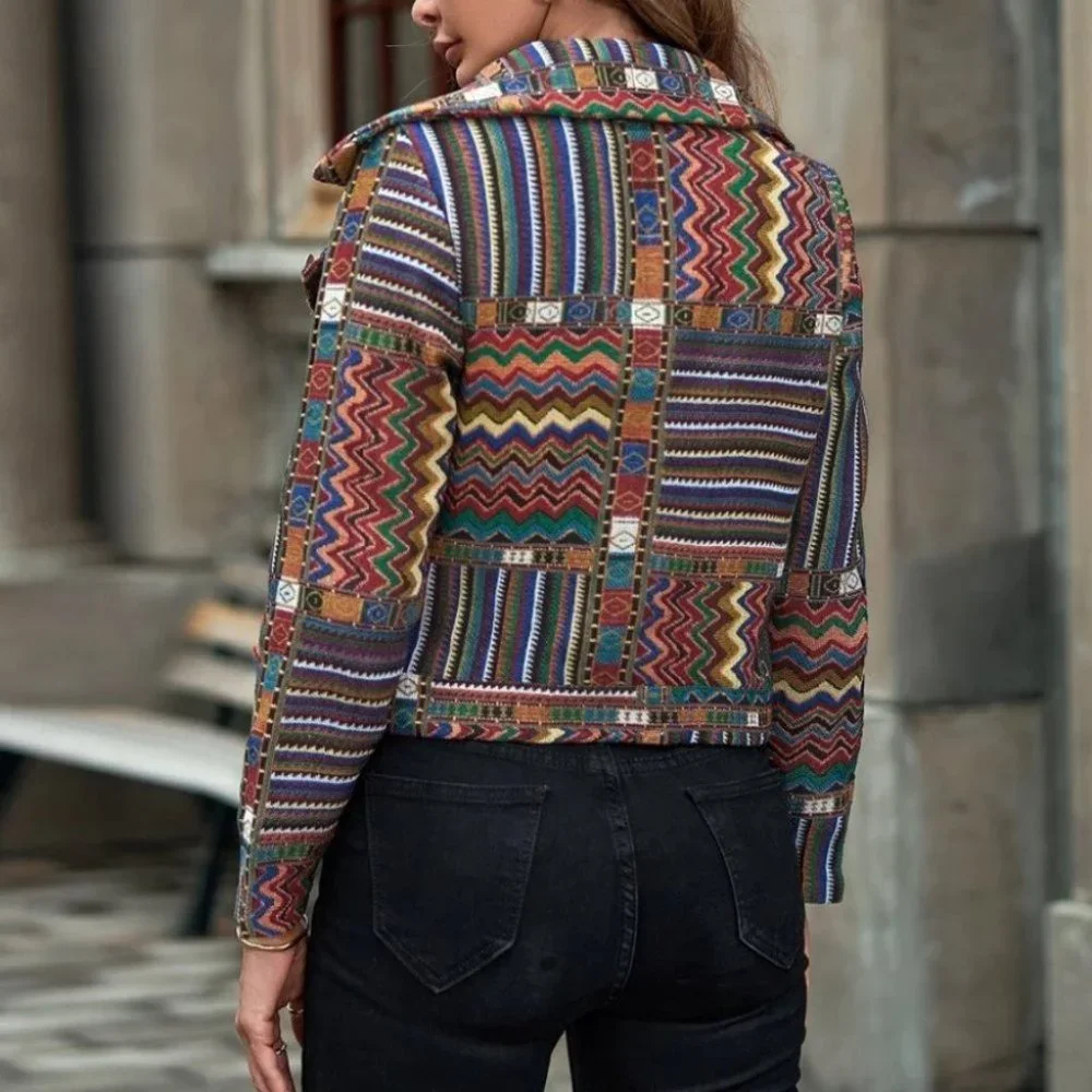 Boho Tribal Lapel Neck zip up front textured biker Jacket coat - Picture 6 of 7